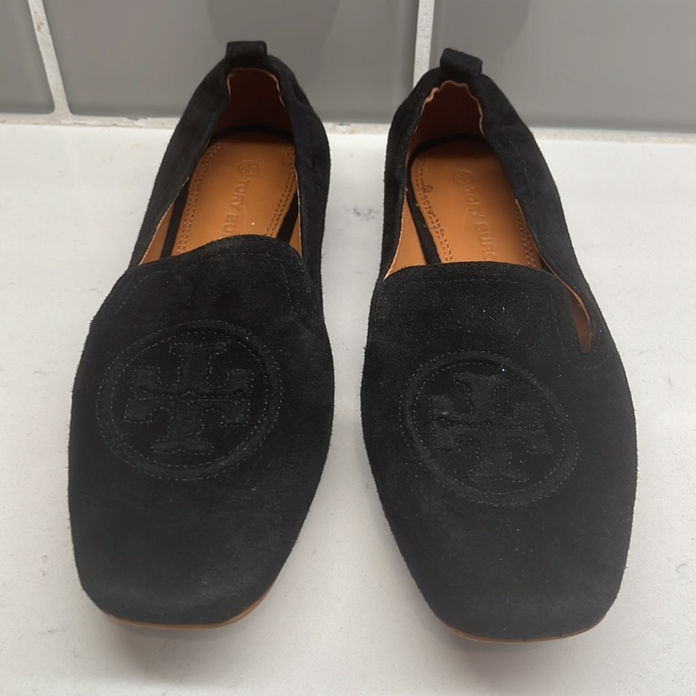 Tory Burch Black Suede Logo Slip-On Loafers - Picture 2 of 8